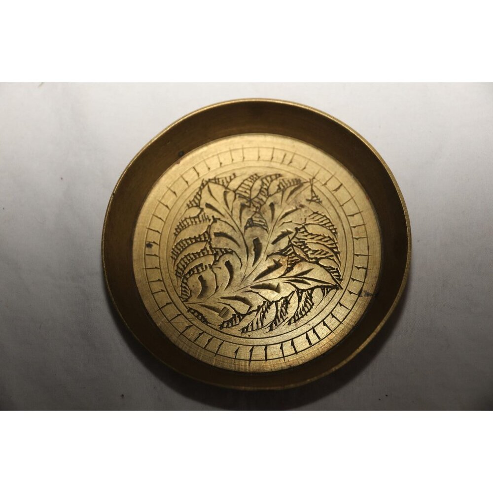 Vintage Round Brass Trinket Dish with Intricate Etched Leaf Fern Design Pattern